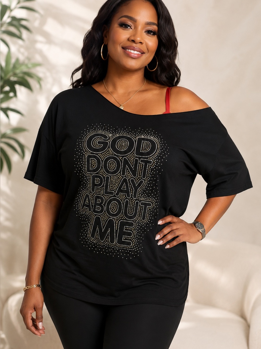 Rhinestone 'God Don't Play About Me' Black Graphic Tee